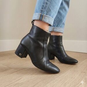 Coach Noah Ankle Boots Womens 7 Black Leather Gold Logo Block Heel Zip Booties